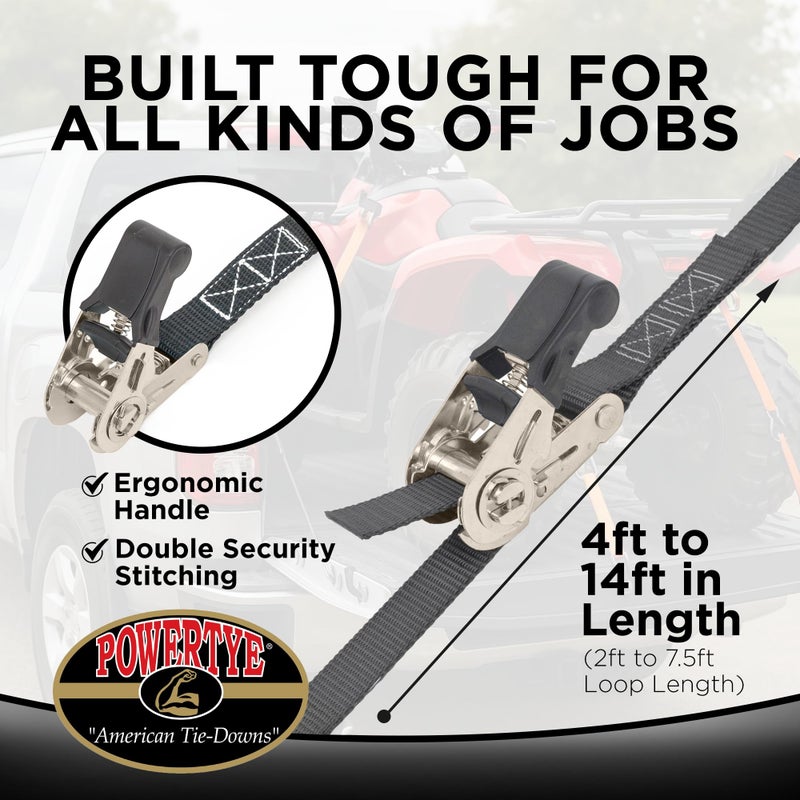 PowerTye - Endless Ratchet Strap - 1in x 4ft Easy Grip (Hookless), Tie Down Strap w/ 400 lb. Working Load Limit / 1,200 lb. Break Strength, Ideal for Motorcycle, ATV, Bike, & Coolers, Black 2-Pack - Image 3